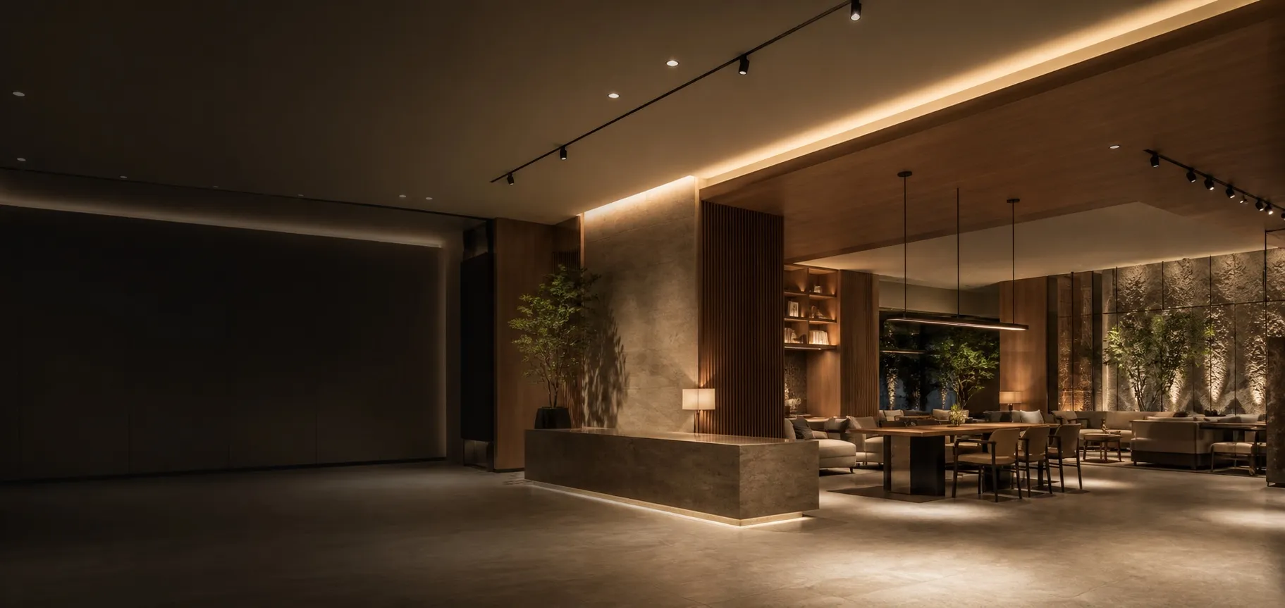 Modern commercial interior showcasing layered LED lighting